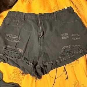 Distressed Black Denim Shorts